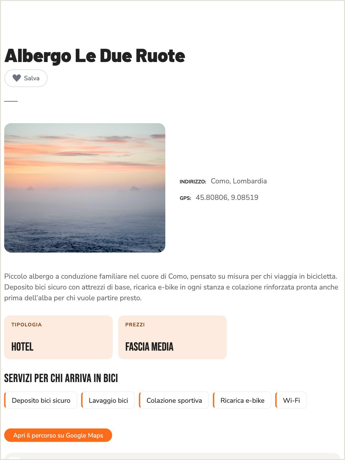 Esempio di scheda struttura su Ride&Rest: foto, indirizzo, descrizione, tipologia, prezzi e servizi per ciclisti