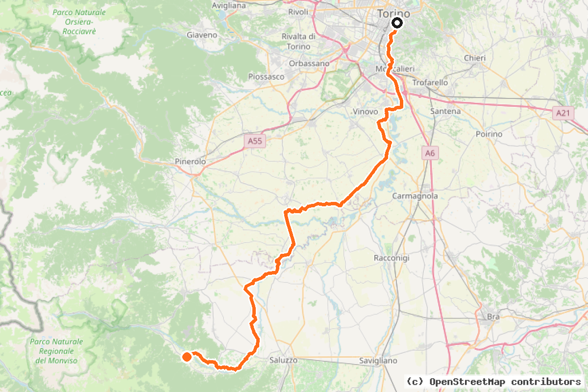 Il tracciato del percorso Ciclovia del Po (BI-2)