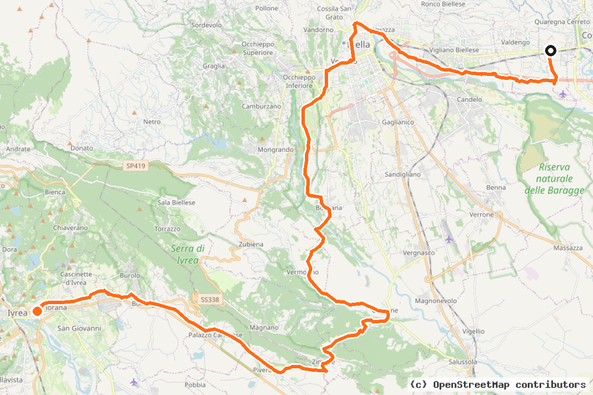 Il tracciato del percorso Ciclovia Pedemontana Alpina (BI 12)