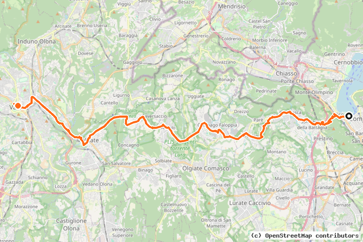 Il tracciato del percorso Ciclovia Pedemontana Alpina – Laghi di Lombardia (BI-12)