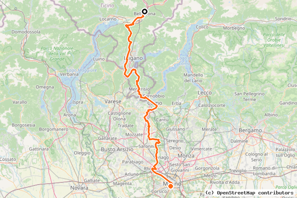 Il tracciato del percorso EuroVelo 5 – Laghi e navigli