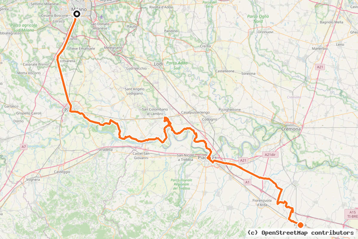 Il tracciato del percorso EuroVelo 5 – La pianura del Po