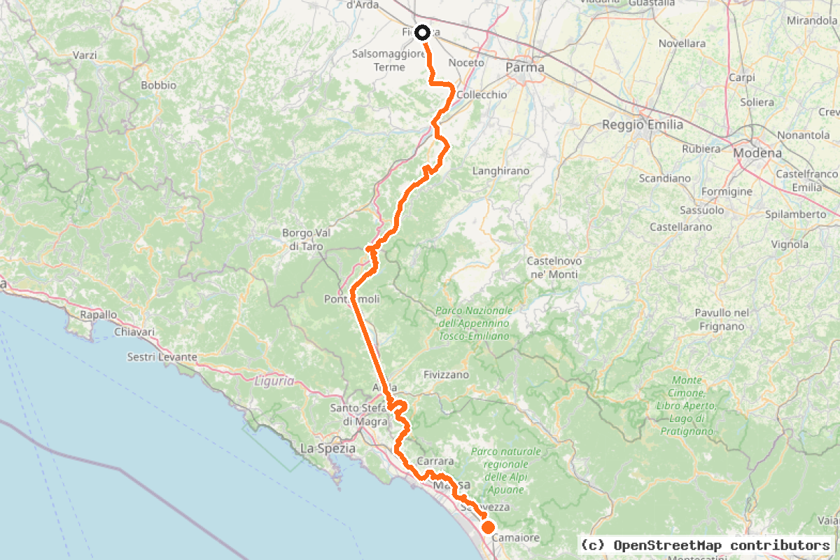 Il tracciato del percorso EuroVelo 5 – Dagli Appennini al mare
