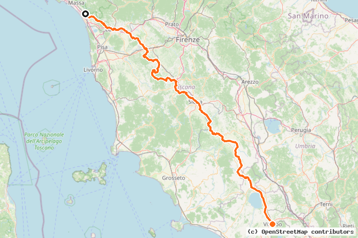 Il tracciato del percorso EuroVelo 5 – Le colline della Toscana