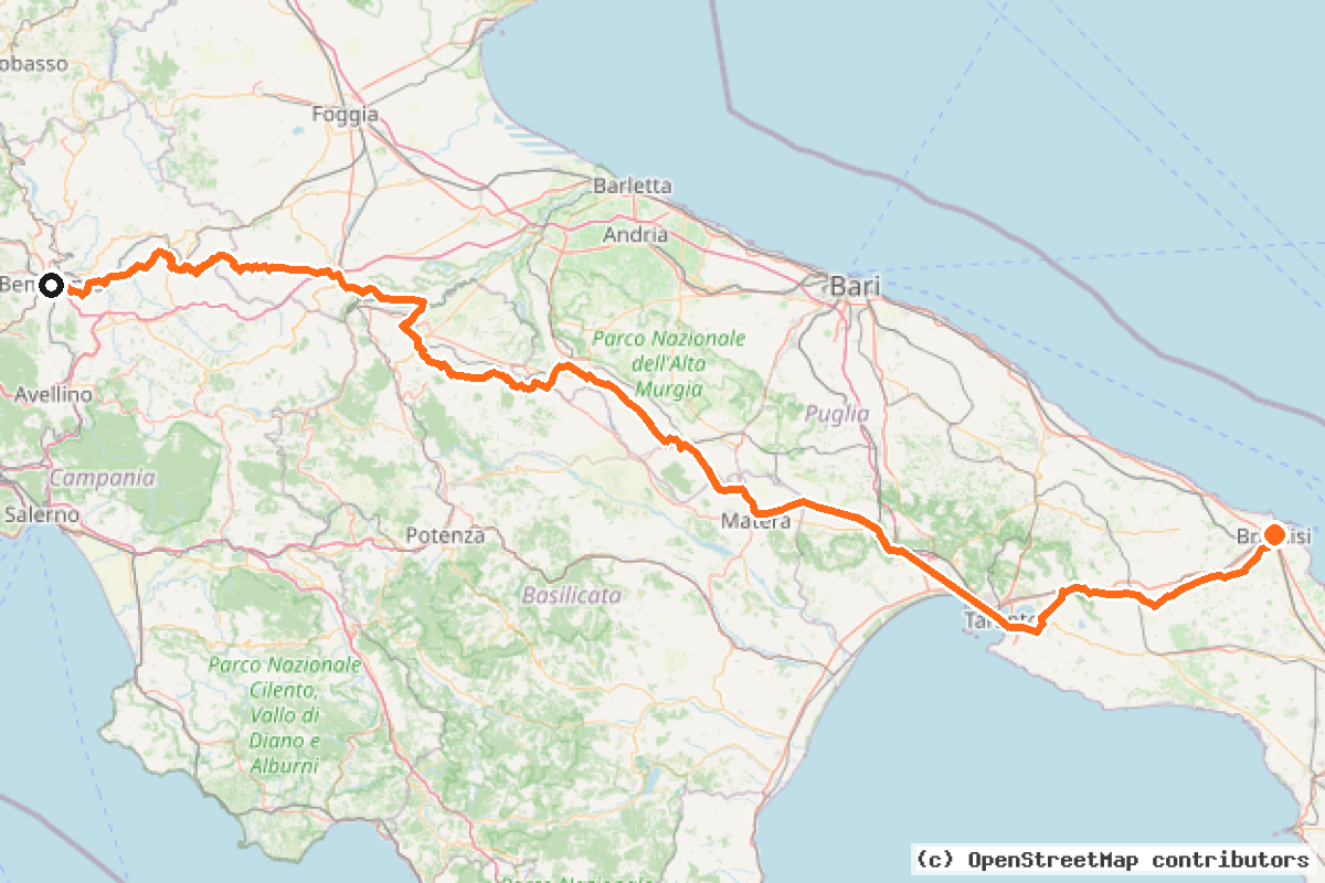 Il tracciato del percorso EuroVelo 5 – Lungo l’antica via Appia