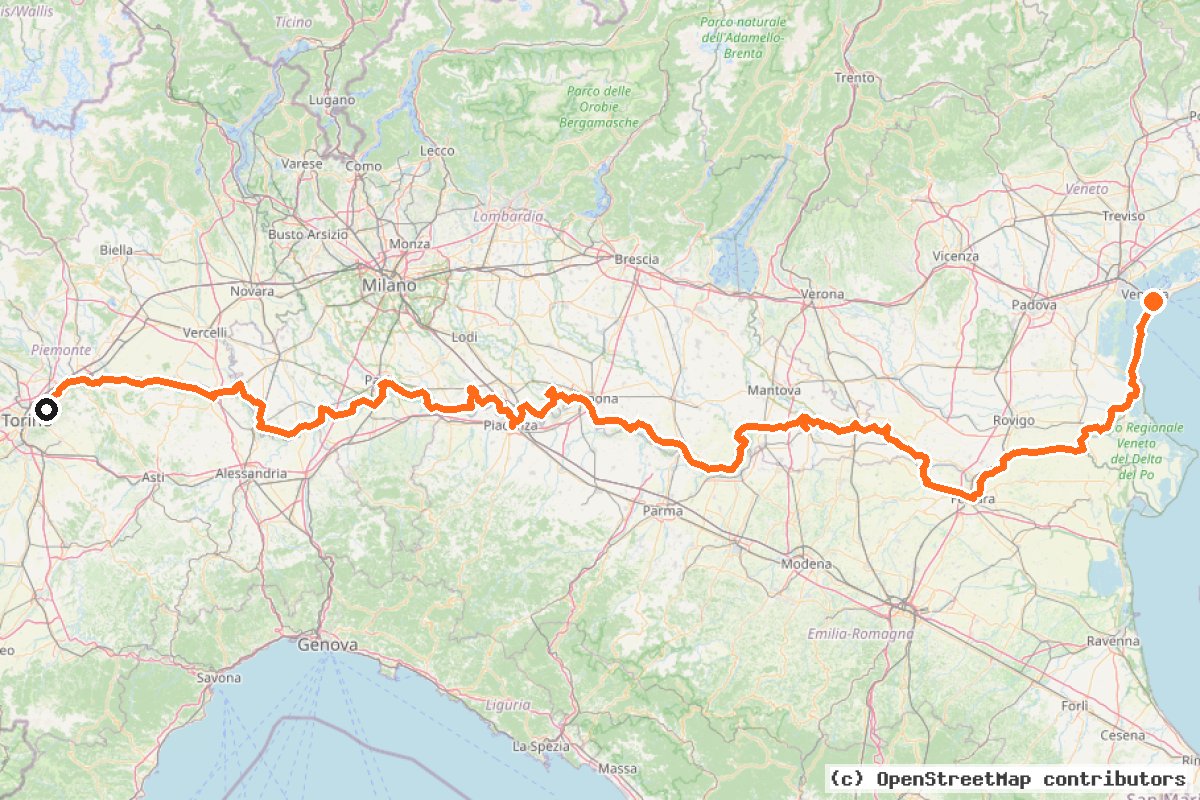 Il tracciato del percorso EuroVelo 8 – Dal Piemonte a Venezia lungo il Po