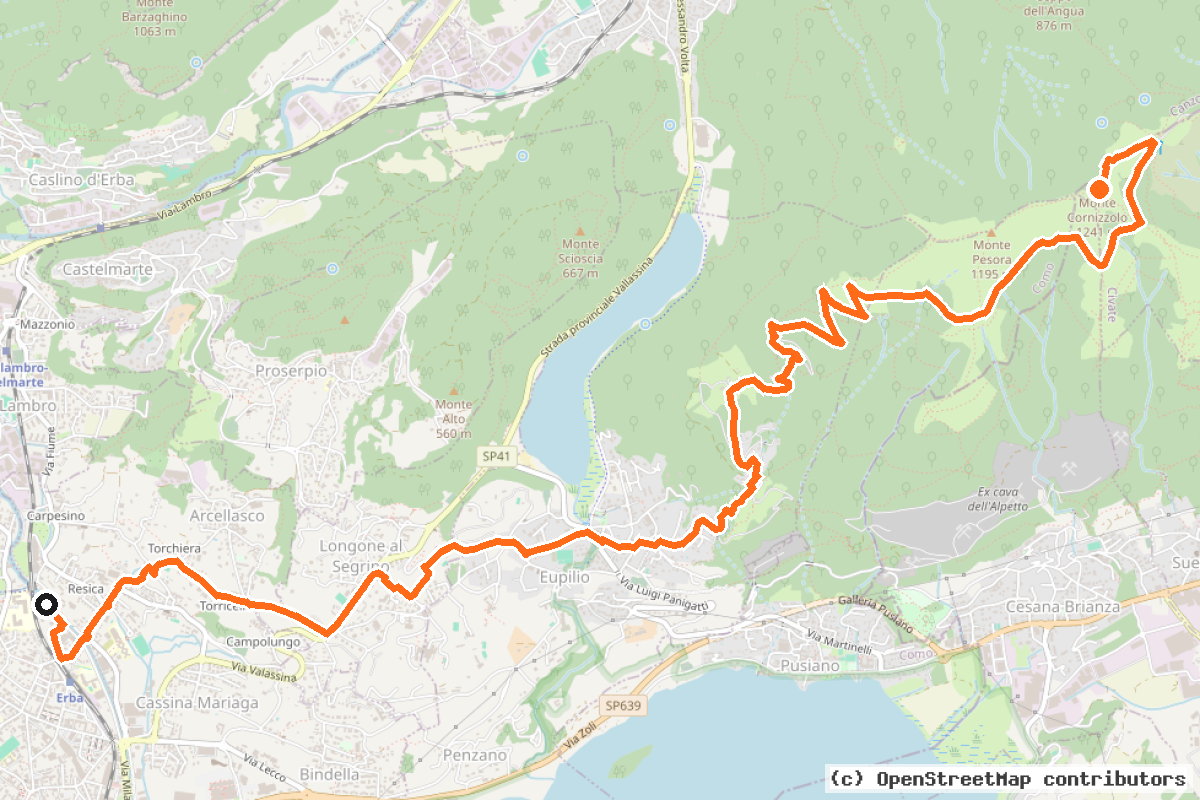 Il tracciato del percorso Erba – Monte Cornizzolo