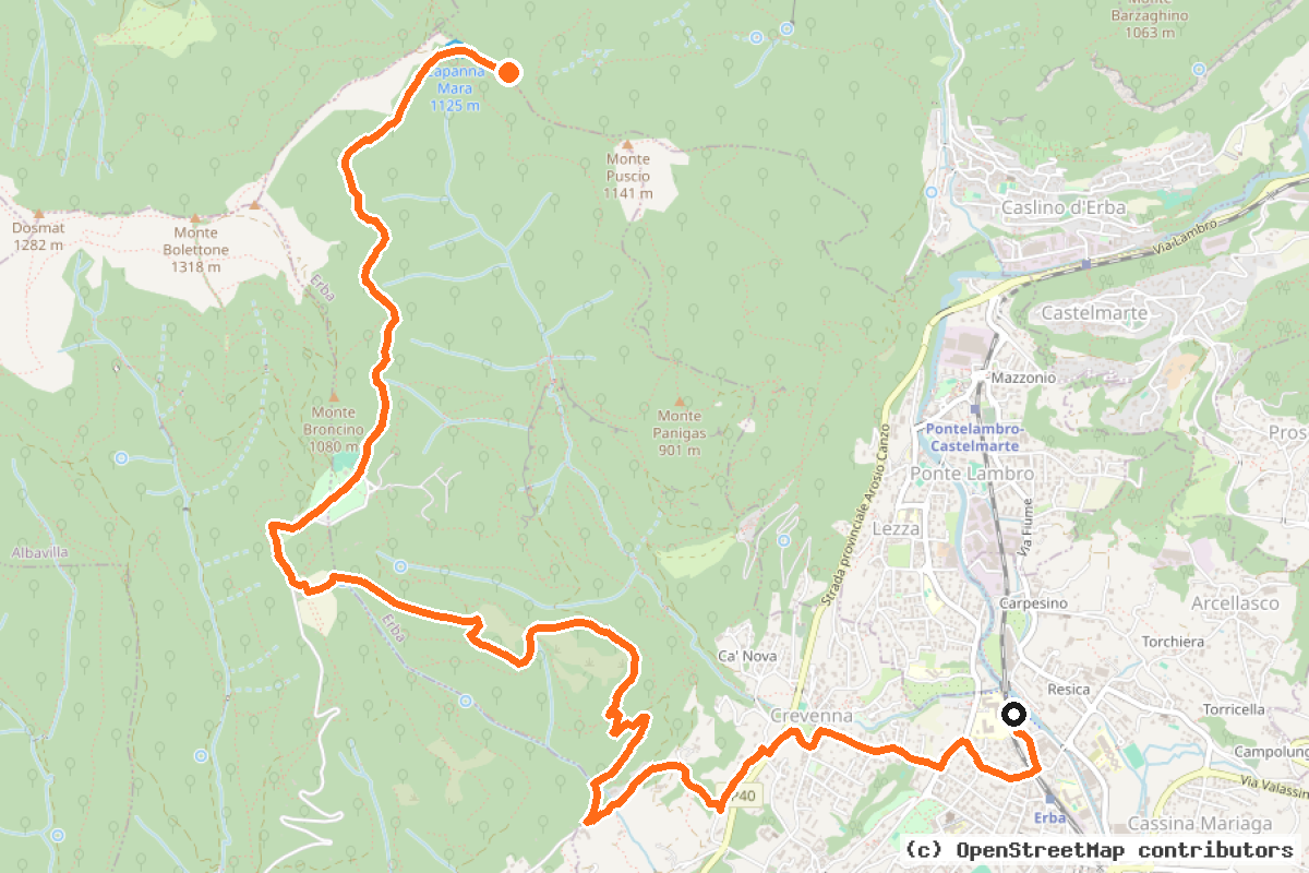 Il tracciato del percorso Erba – Colma di Sormano