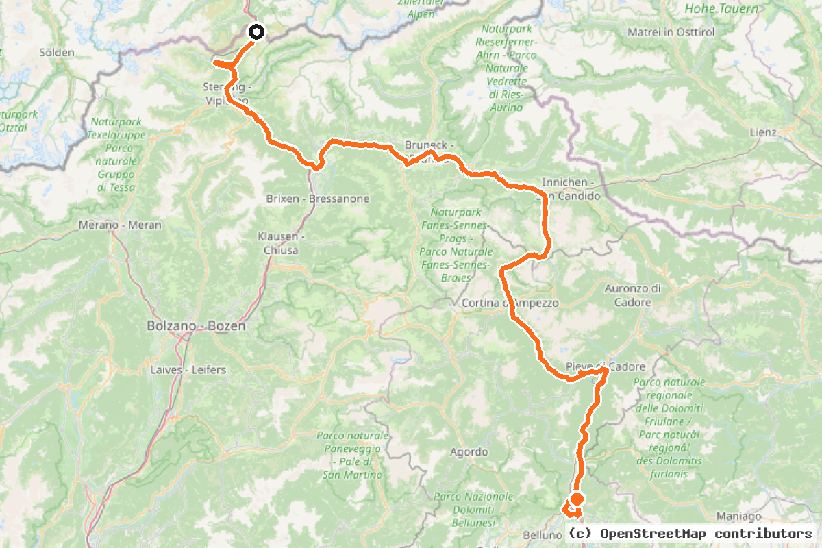 Il tracciato del percorso Munich-Venice – part Italy 1 (MV)