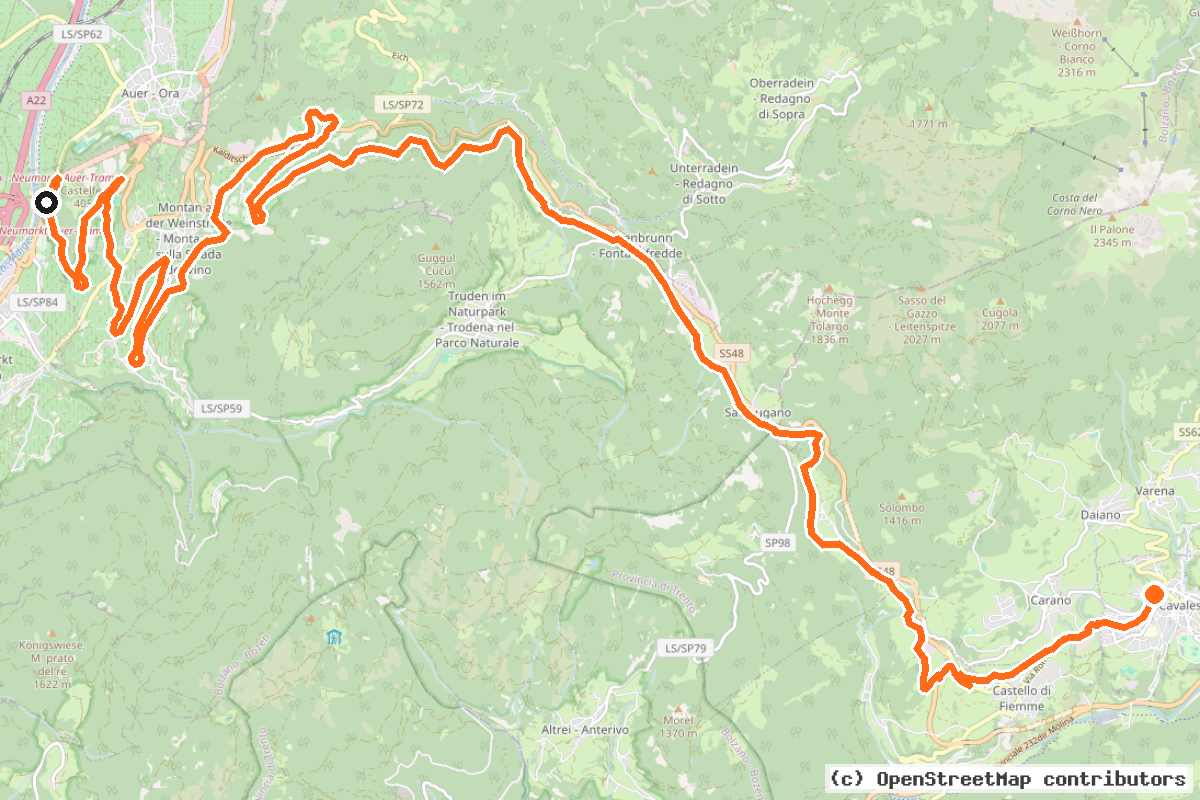 Il tracciato del percorso Ehemalige Fleimstalbahn – ex Ferrovia della Val di Fiemme (1-13)