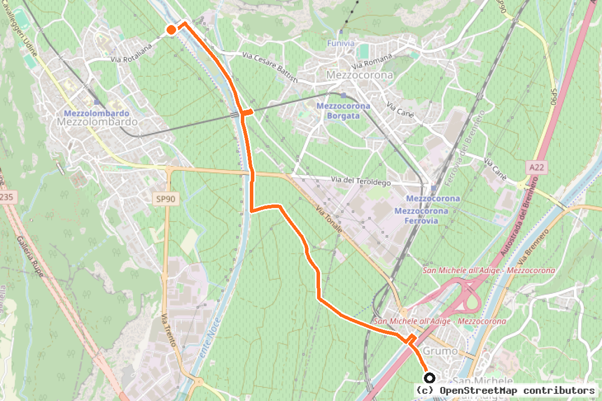 Il tracciato del percorso Pista Ciclabile Valle dell’Adige “diramazione Rotaliana” (1dir)
