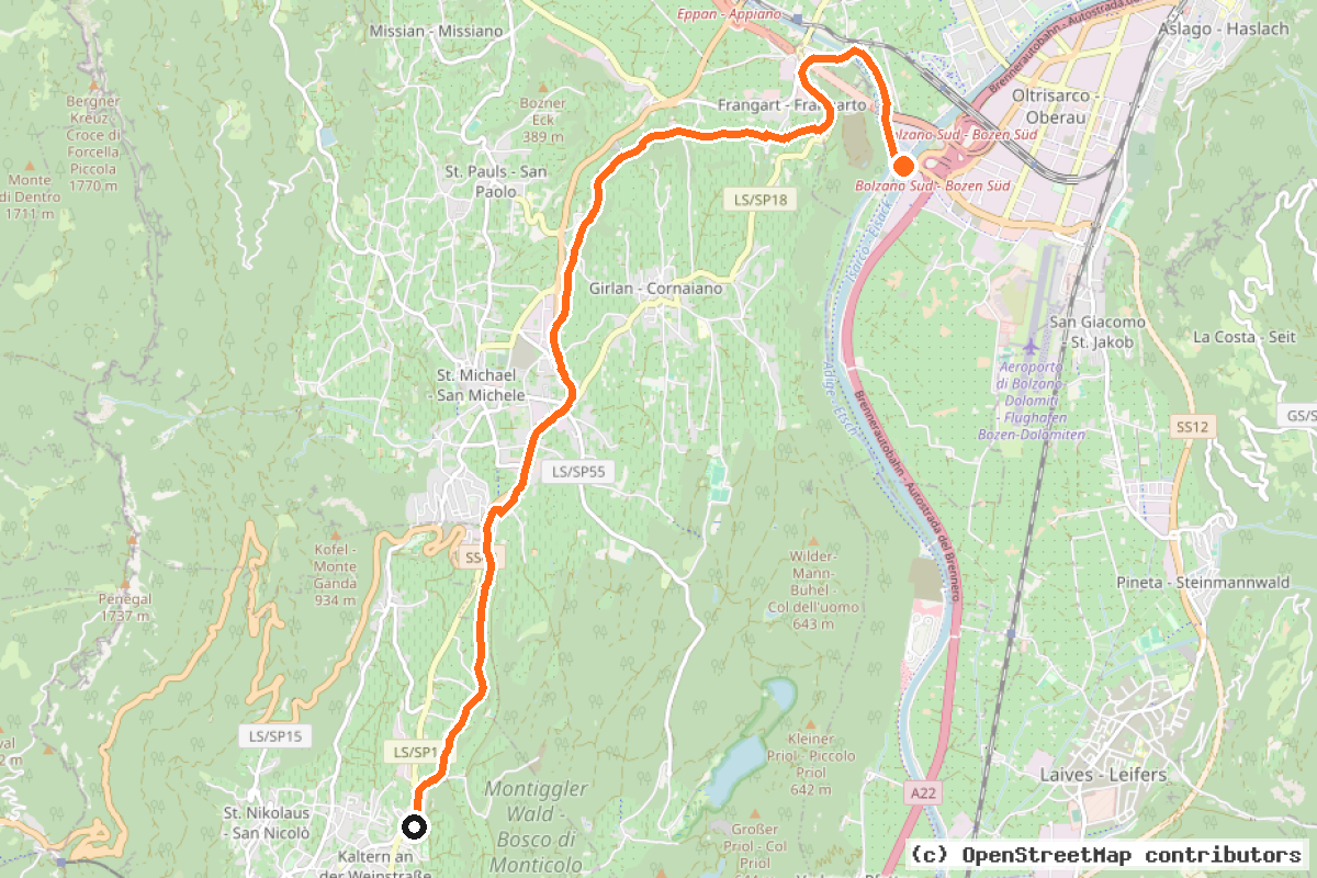 Il tracciato del percorso Radweg Bozen-Überetsch – Pista Ciclabile Bolzano-Oltradige