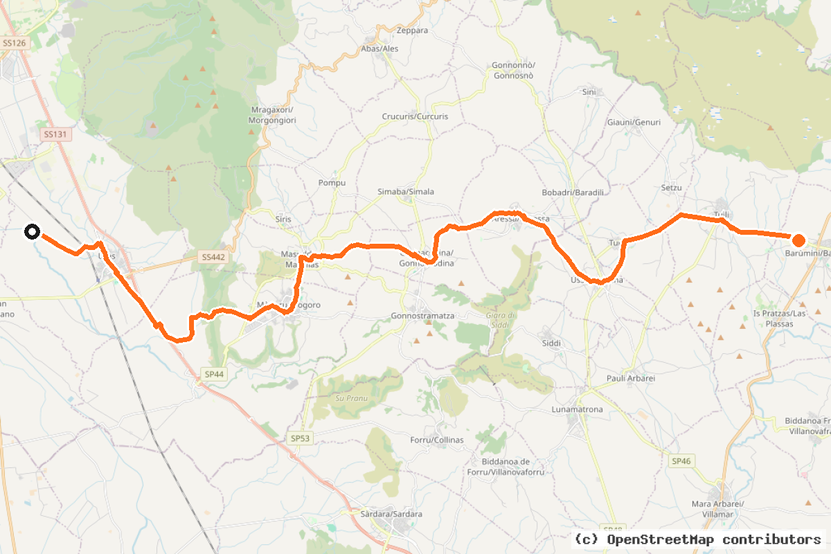 Il tracciato del percorso Ciclovia della Sardegna Barumini-Oristano (CS14)
