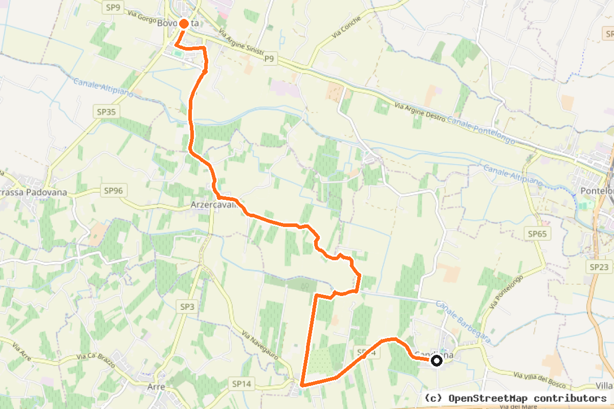Il tracciato del percorso Itinerario storico-architettonico di Candiana (I1/I2)