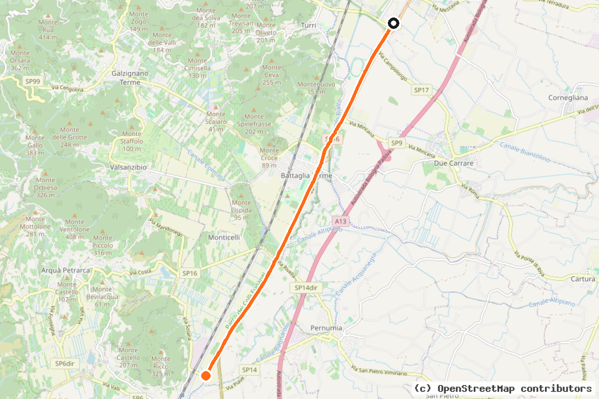 Il tracciato del percorso Percorso ciclabile Canale Battaglia