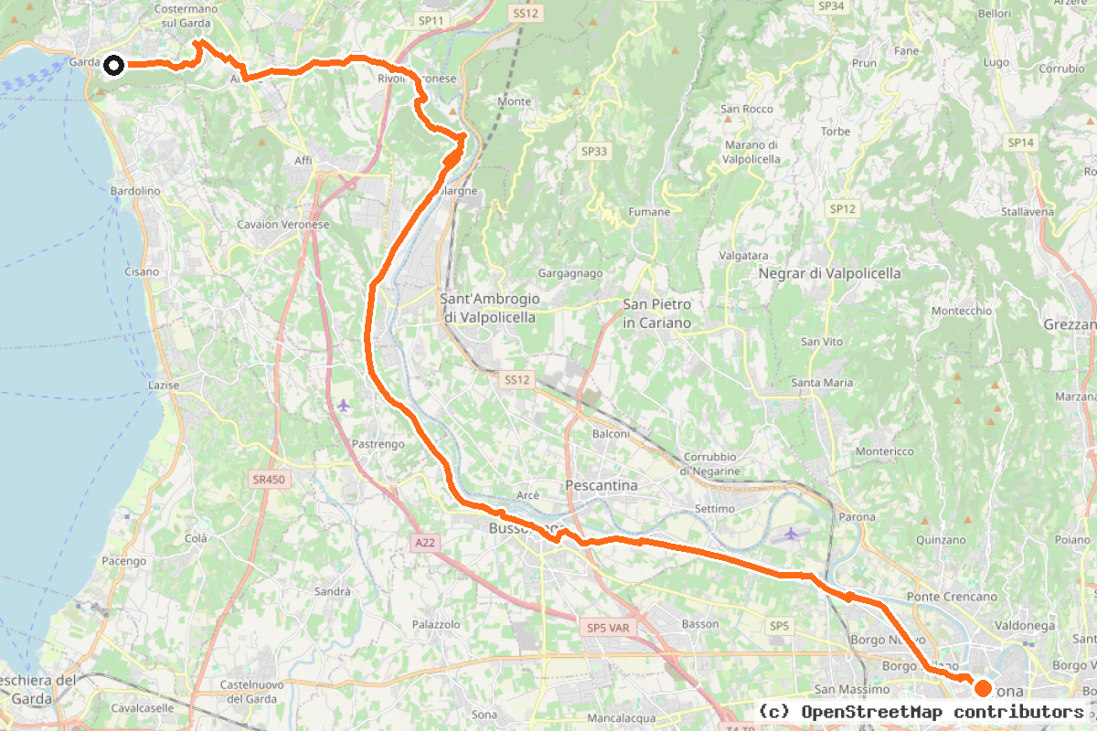 Il tracciato del percorso Dal Lago di Garda a Venezia (part Lago di Garda – Verona) (I1)