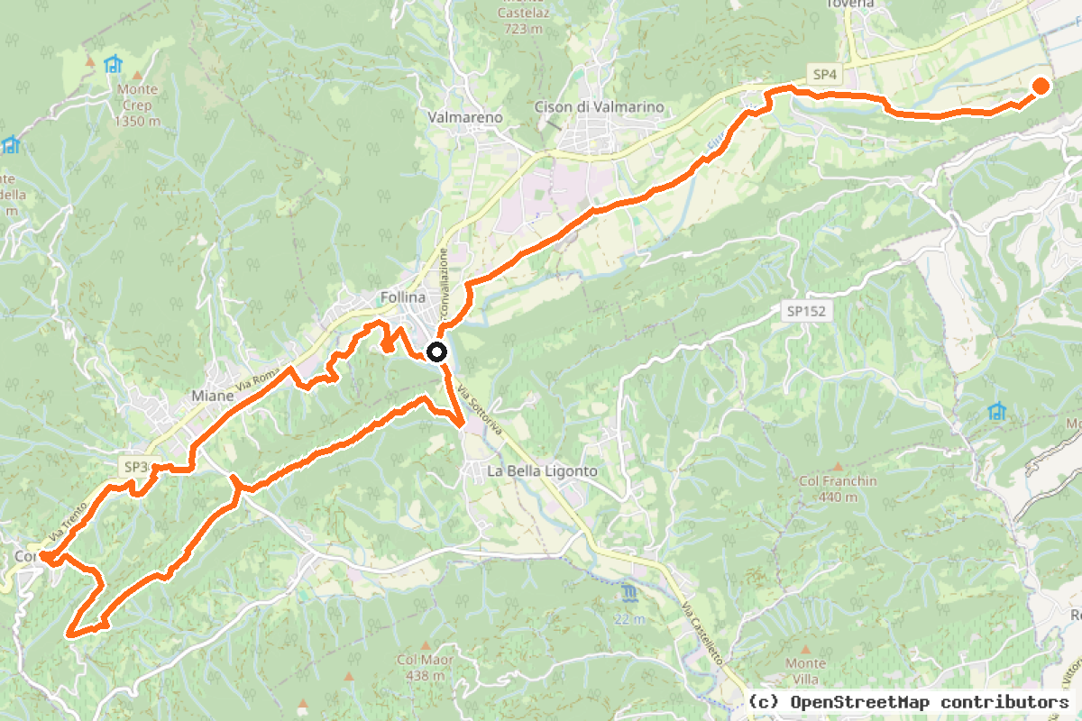 Il tracciato del percorso Itinerario Cicloturistico delle Prealpi Trevigiane