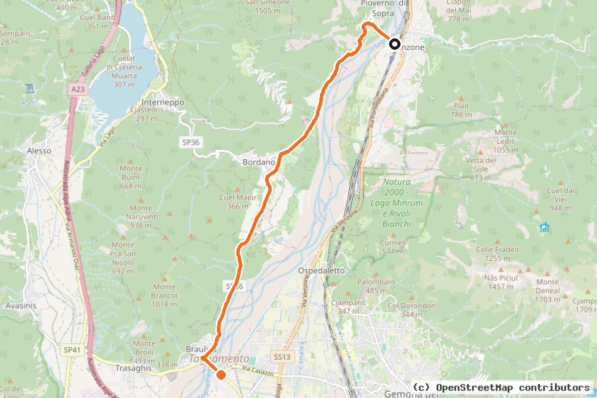 Il tracciato del percorso Ciclovia Alpe Adria Radweg variante di Bordano (CAARV)