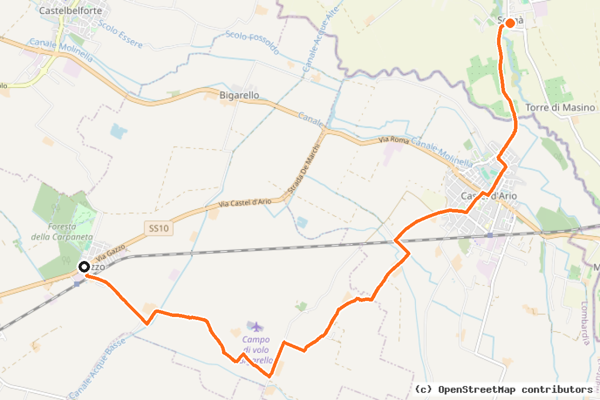 Il tracciato del percorso Mantova-Foresta Carpaneta-Castel d’Ario-Sorgà (MN11)