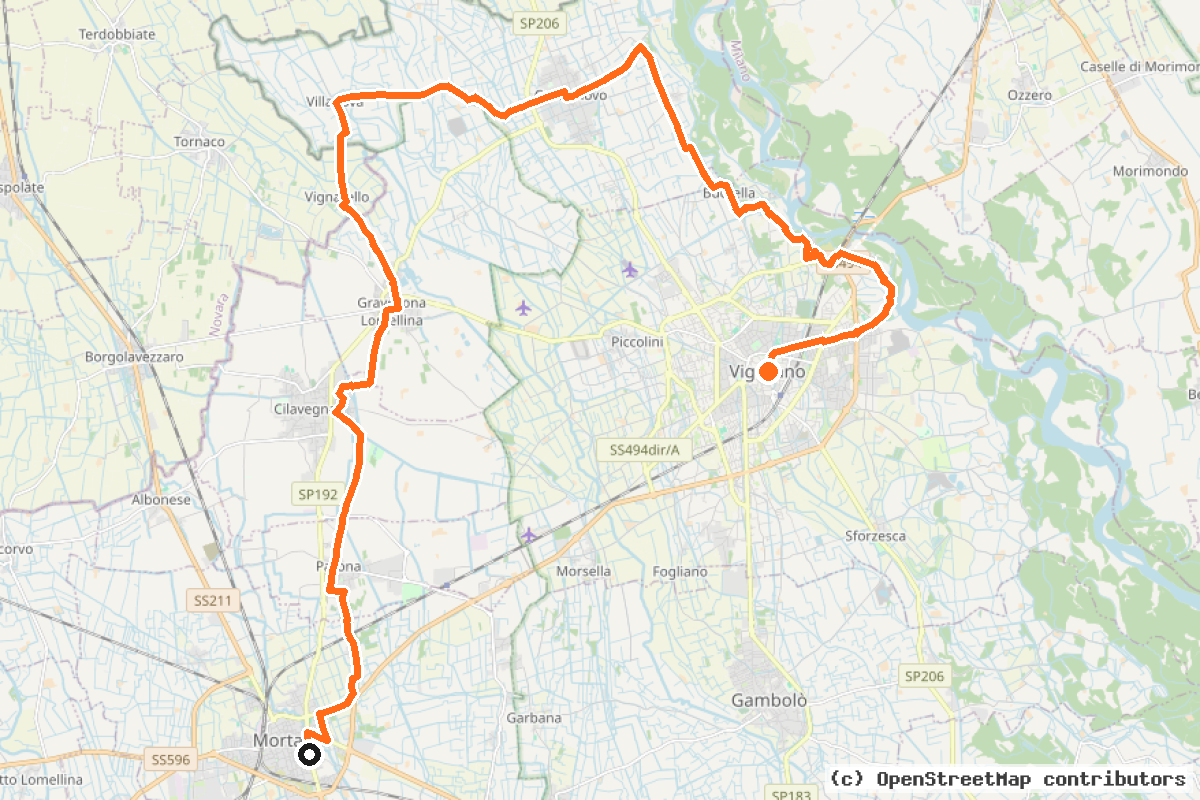 Il tracciato del percorso Lomellina Uno: da Vigevano a Mortara 35 km