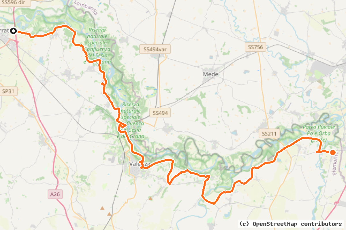 Il tracciato del percorso Ciclovia del Po e dell’Orba