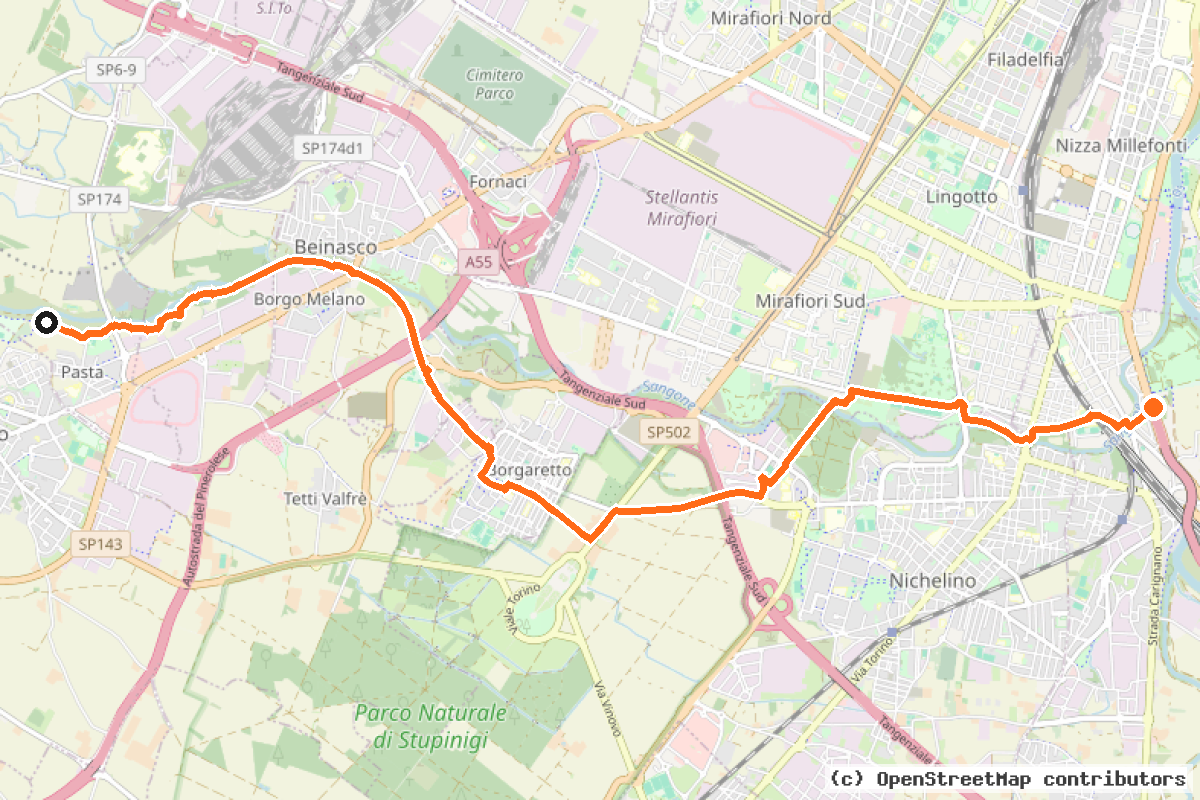 Il tracciato del percorso Ciclostrada del Sangone (P3)