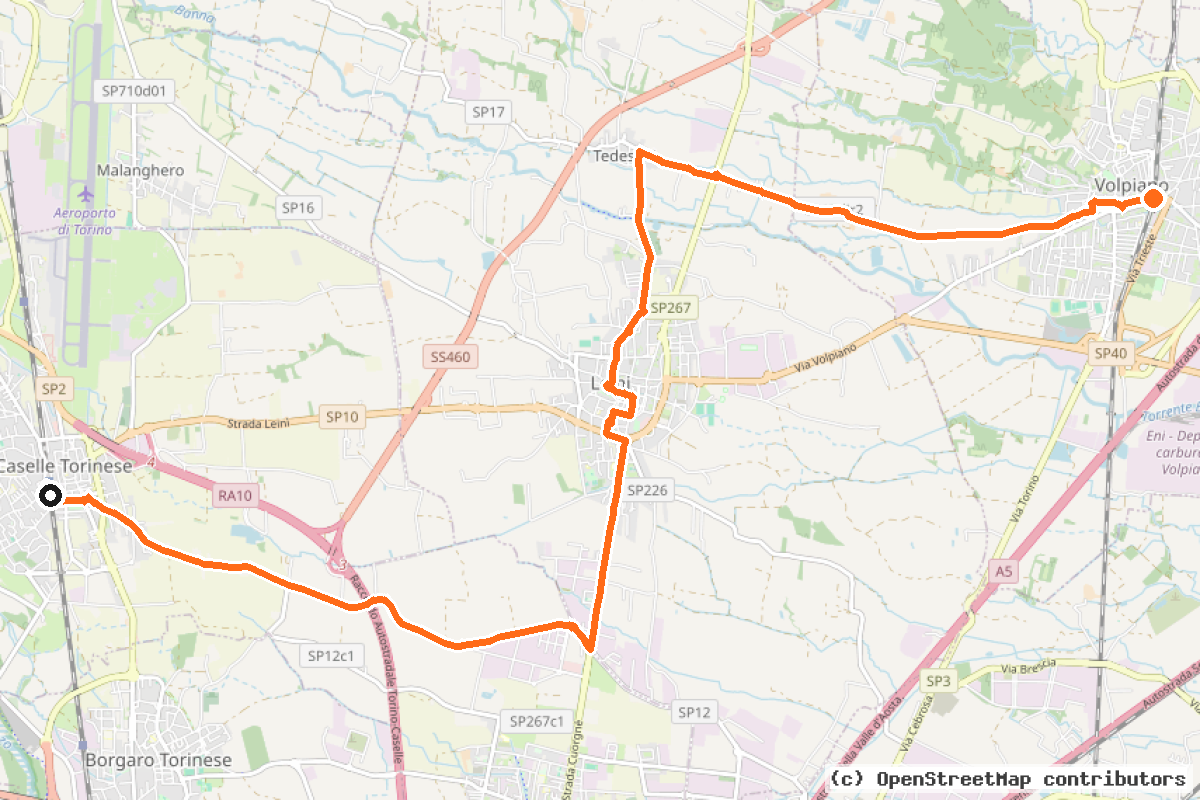 Il tracciato del percorso Ciclostrada Città Metropolitana di Torino, Caselle – Volpiano (N2)