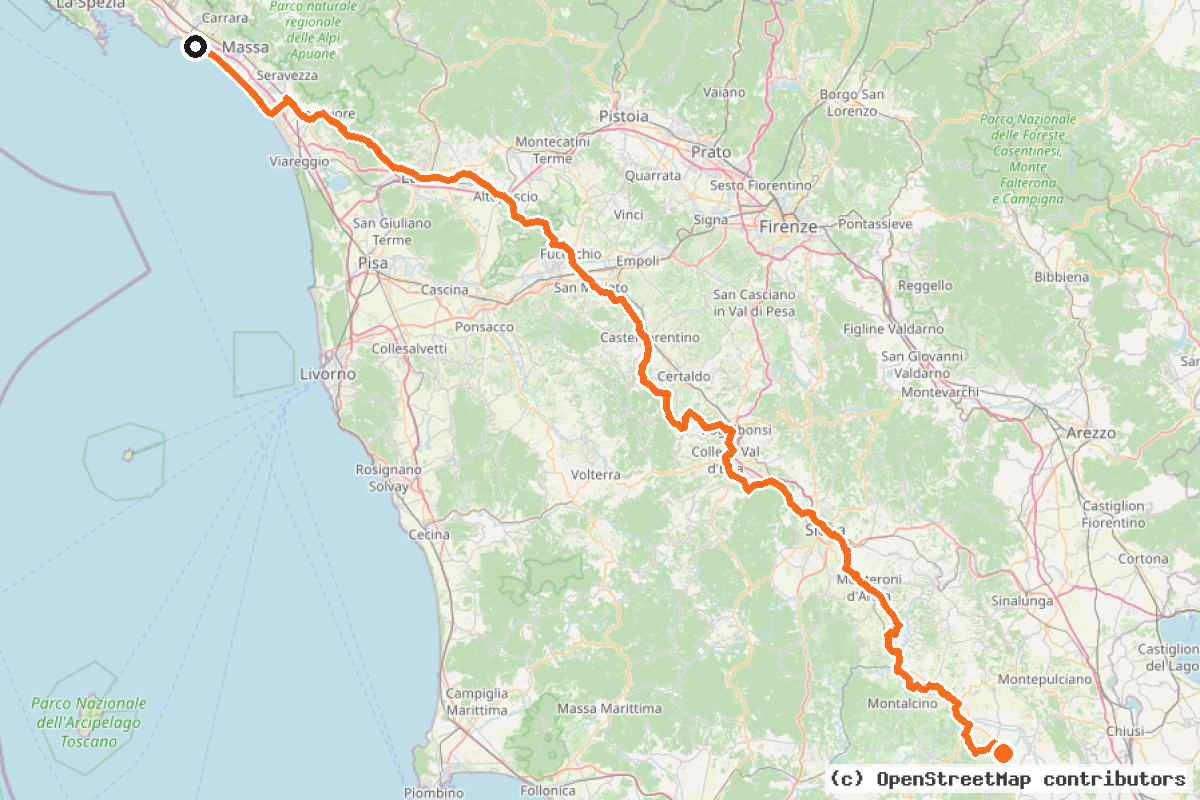 Il tracciato del percorso EuroVelo 5 – Via Romea Francigena – parte Italia (EV5)