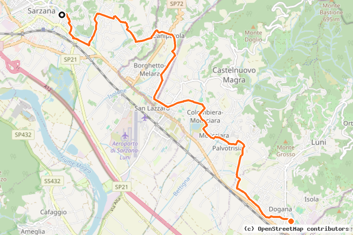 Il tracciato del percorso Percorso Ciclopedonale lungo il Canale Lunense (RCL)