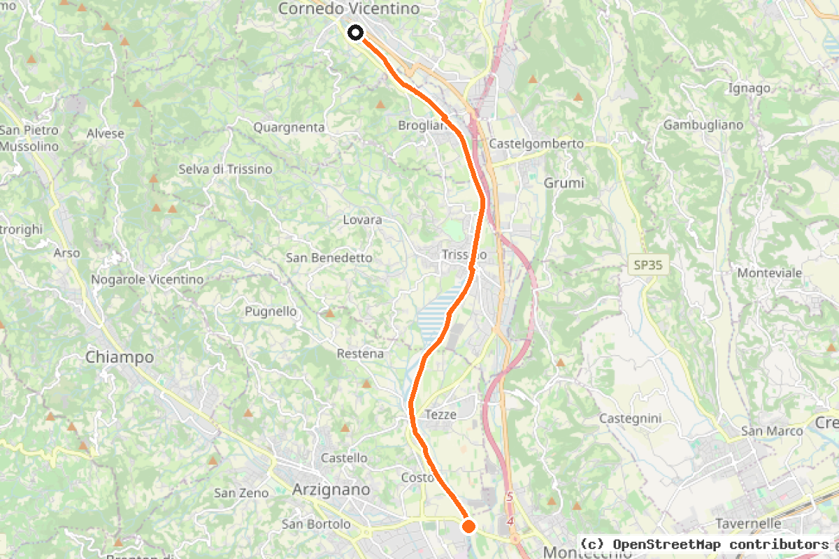 Il tracciato del percorso Pista ciclabile Agno – Guà