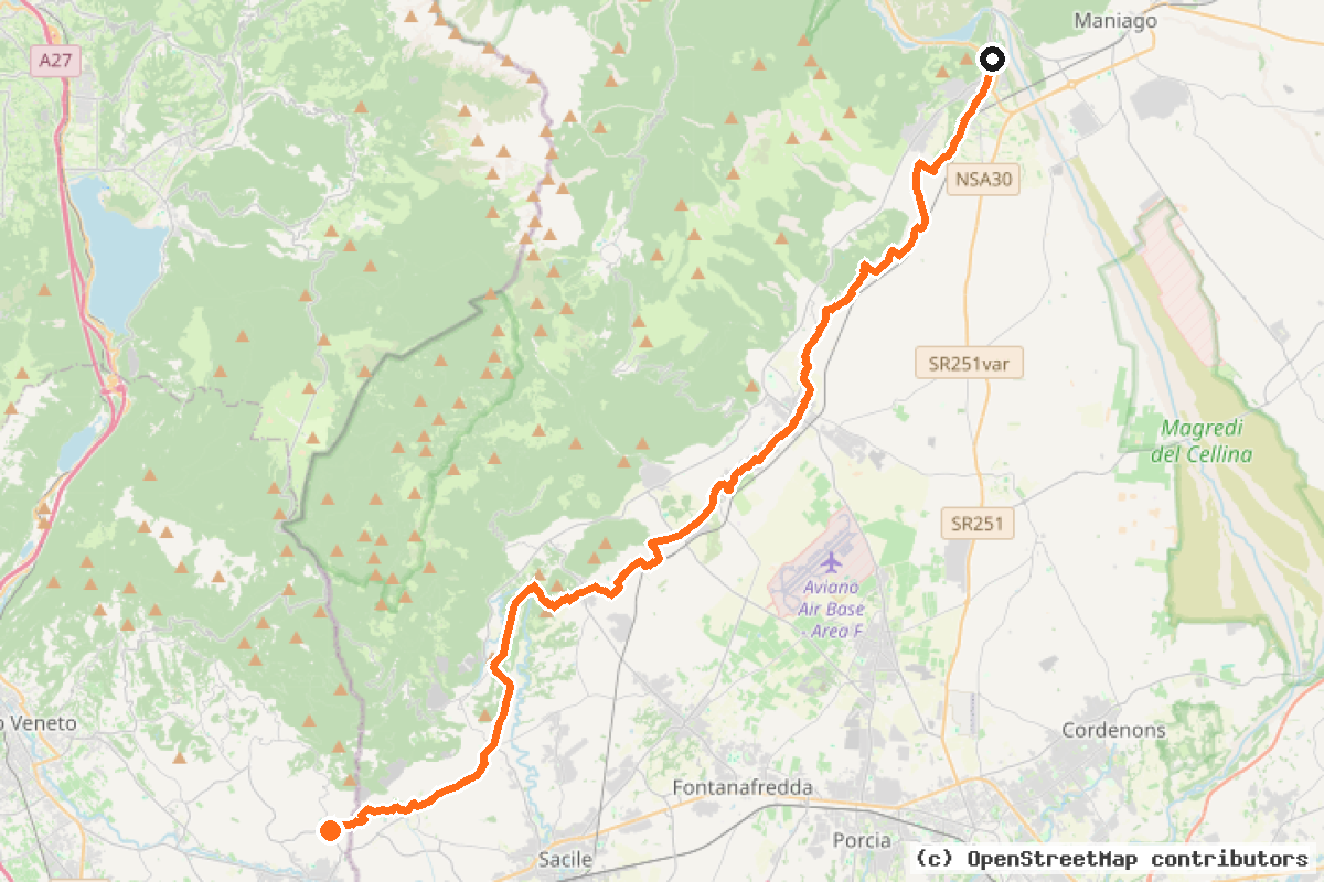 Il tracciato del percorso Itinerario Pedemontano Pordenonese (IPP)