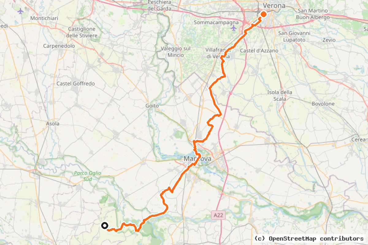 Il tracciato del percorso Ciclovia Verona-Mantova-Sabbioneta-Casalmaggiore (MN23)