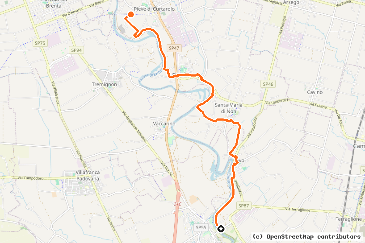 Il tracciato del percorso Ciclovia Fiume Brenta