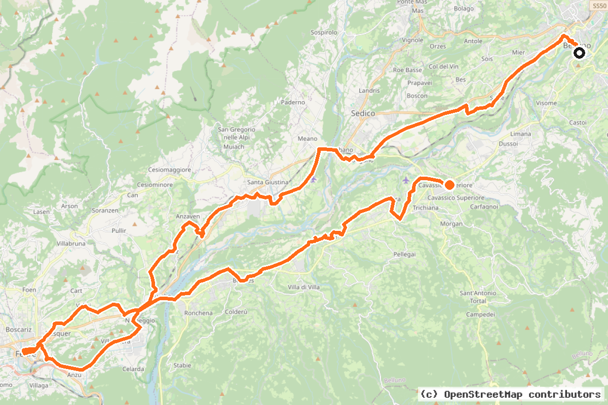 Il tracciato del percorso Anello della Val Belluna