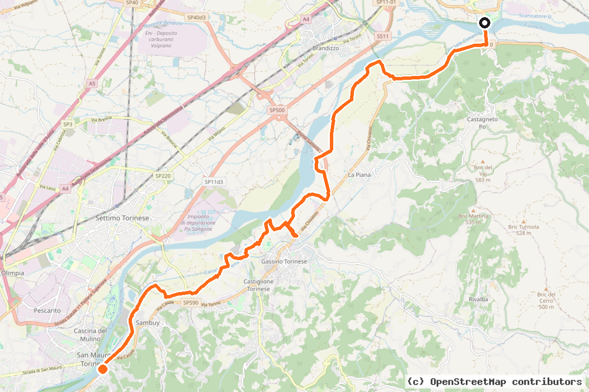 Il tracciato del percorso Ciclostrada Città Metropolitana di Torino, San Mauro – Chivasso (N1)