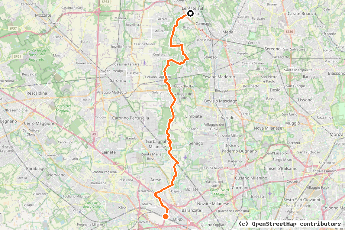 Il tracciato del percorso Parco delle Groane – Pista ciclabile n° 1 (PG1)