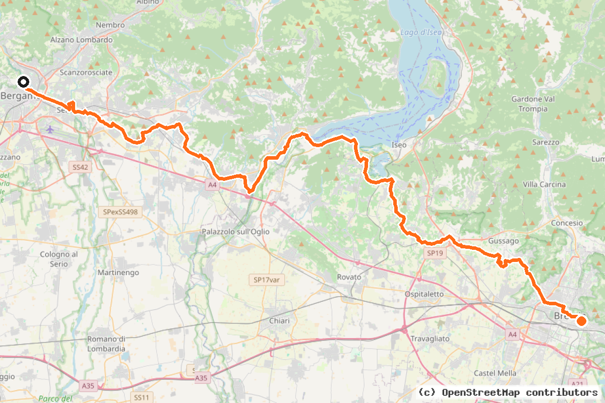 Il tracciato del percorso Ciclovia della Cultura Bergamo – Brescia (CCBGBS)