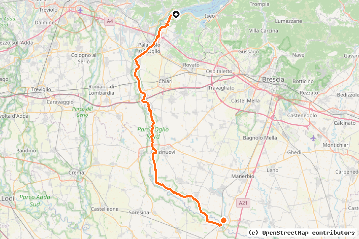 Il tracciato del percorso Ciclovia dell’Oglio – Tappa 3: Iseo – Pontevico (OG03)