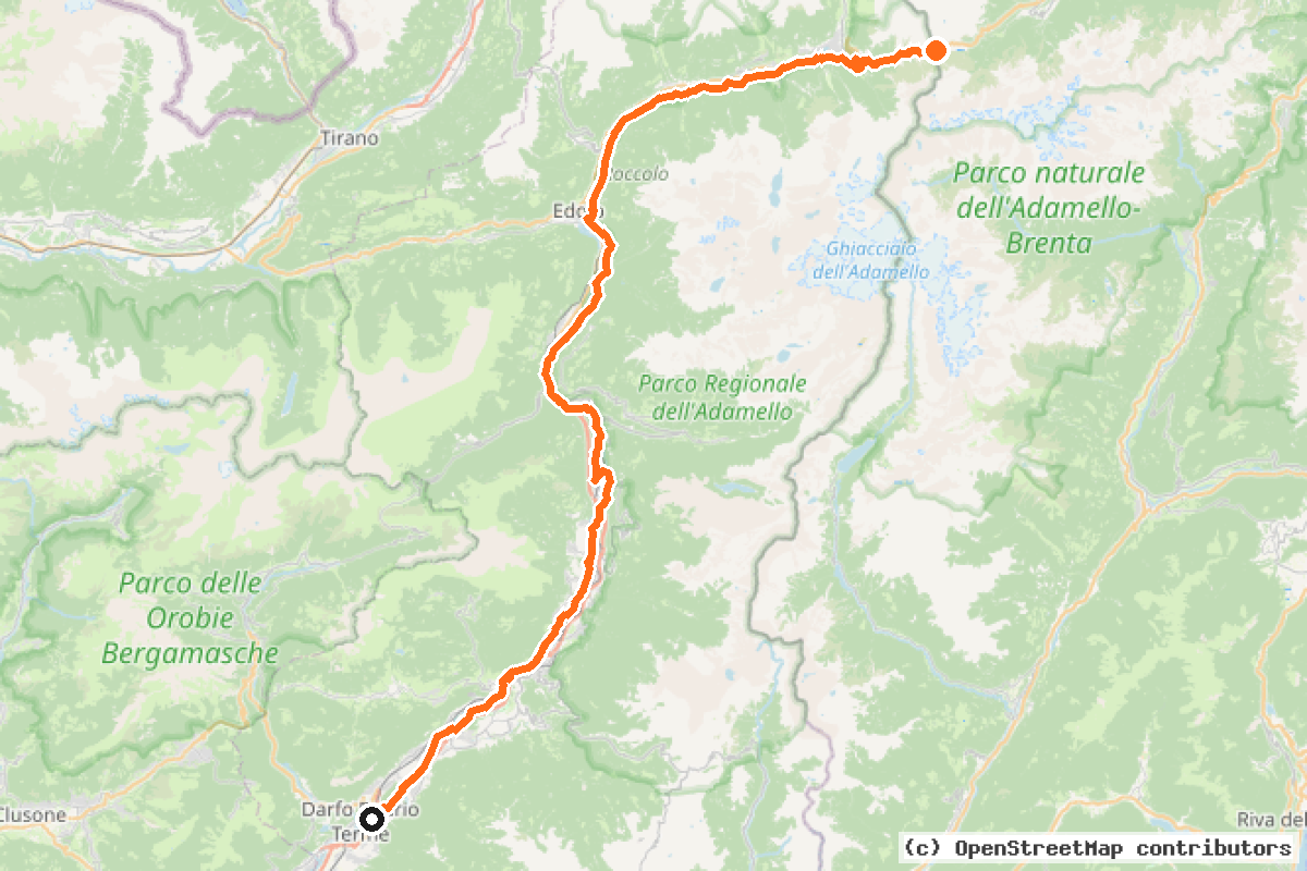 Il tracciato del percorso Ciclovia dell’Oglio – Tappa 1: Tonale – Darfo Boario Terme (OG01)
