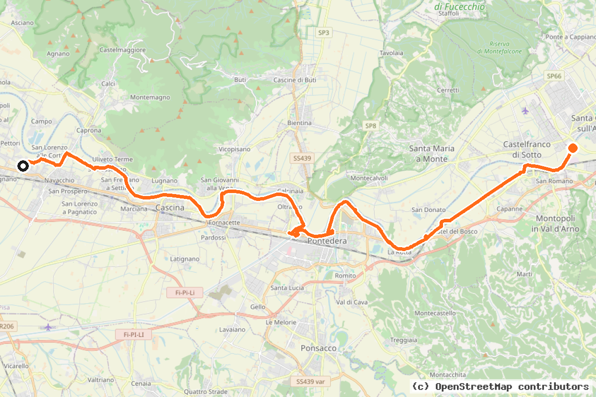 Il tracciato del percorso Ciclovia dell’Arno