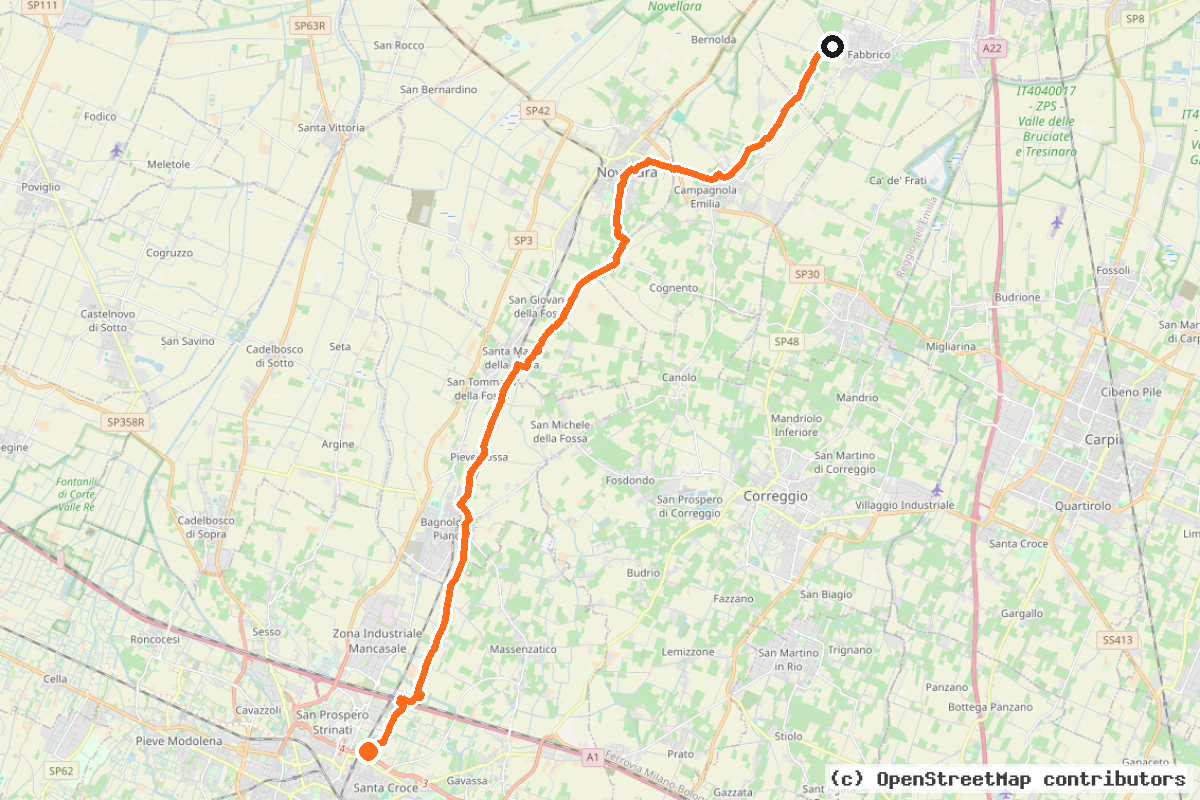 Il tracciato del percorso Ciclovia Tirrenica direzione Canossa (ER9d1)