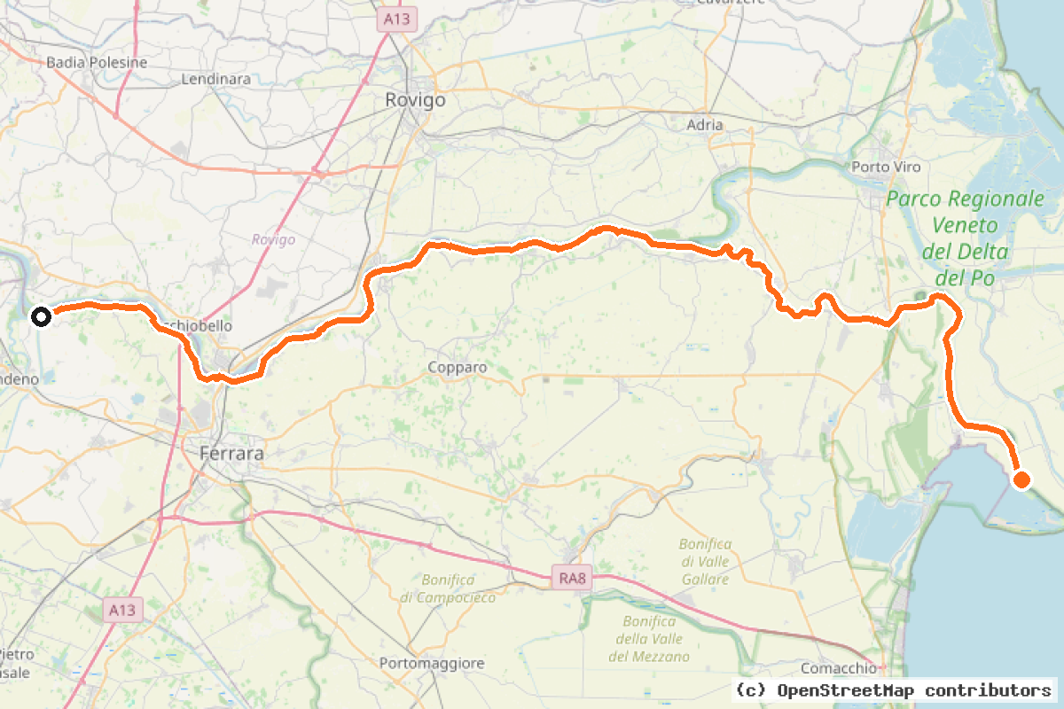 Il tracciato del percorso Ciclovia Destra Po (FE20)