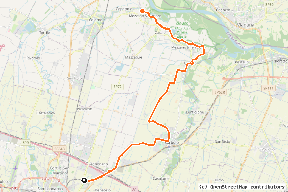 Il tracciato del percorso Bici Parma-Po