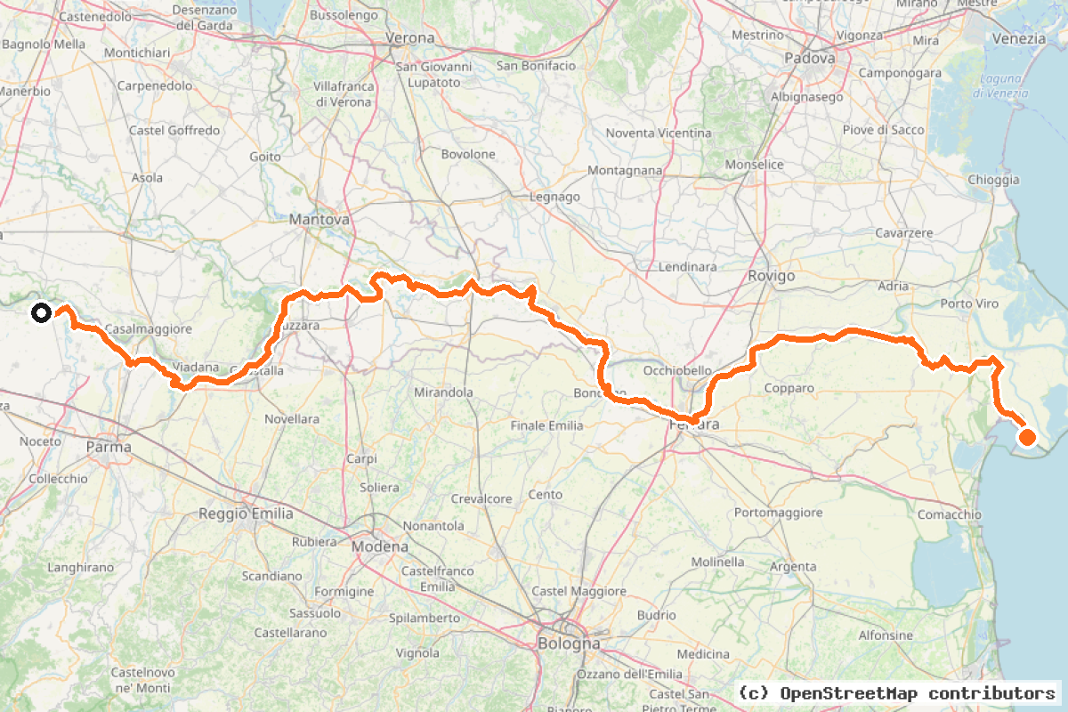 Il tracciato del percorso Ciclovia del Po (BI-2) – 267 km