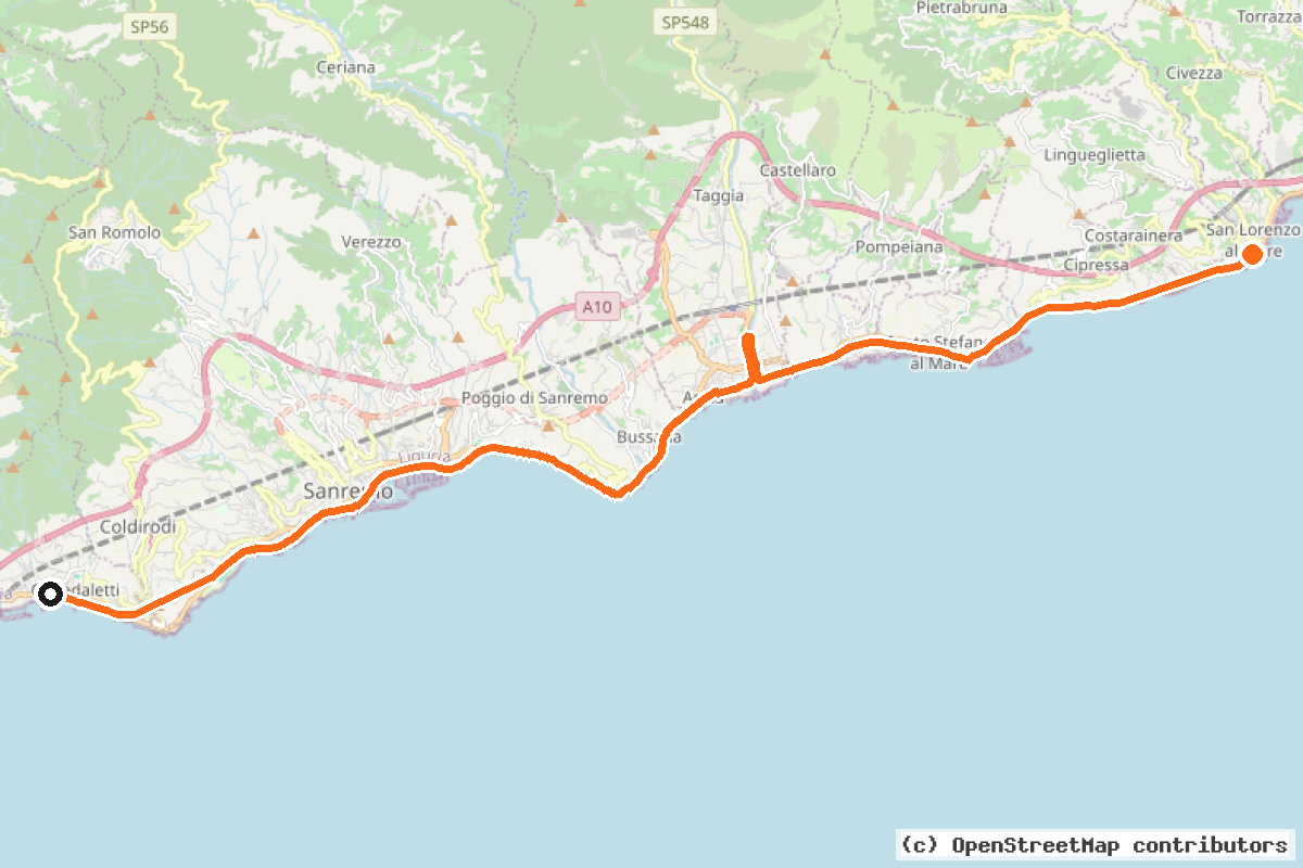Il tracciato del percorso Ciclabile San Remo – San Lorenzo Al Mare (IM2A)