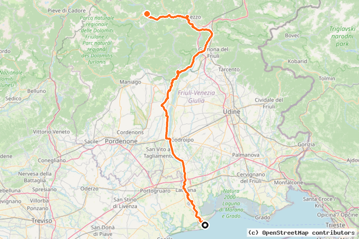 Il tracciato del percorso FVG 6 – Ciclovia del Tagliamento (FVG6)