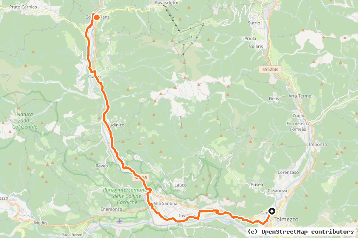 Il tracciato del percorso FVG 8/a – Ciclovia della Montagna Carnica Diramazione Comeglians (FVG8a)