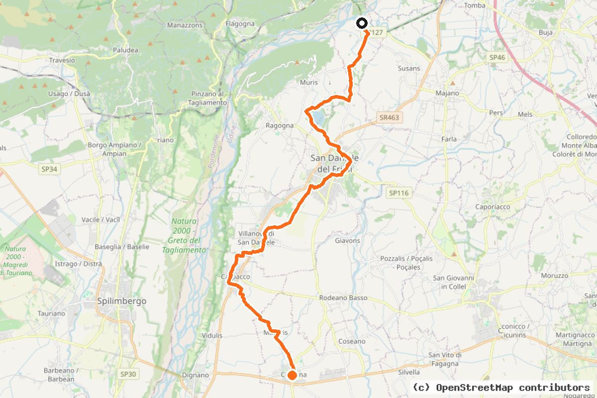 Il tracciato del percorso FVG-4/a Ciclovia della Pianura e del Natisone – collegamento Codroipo San Daniele del F.