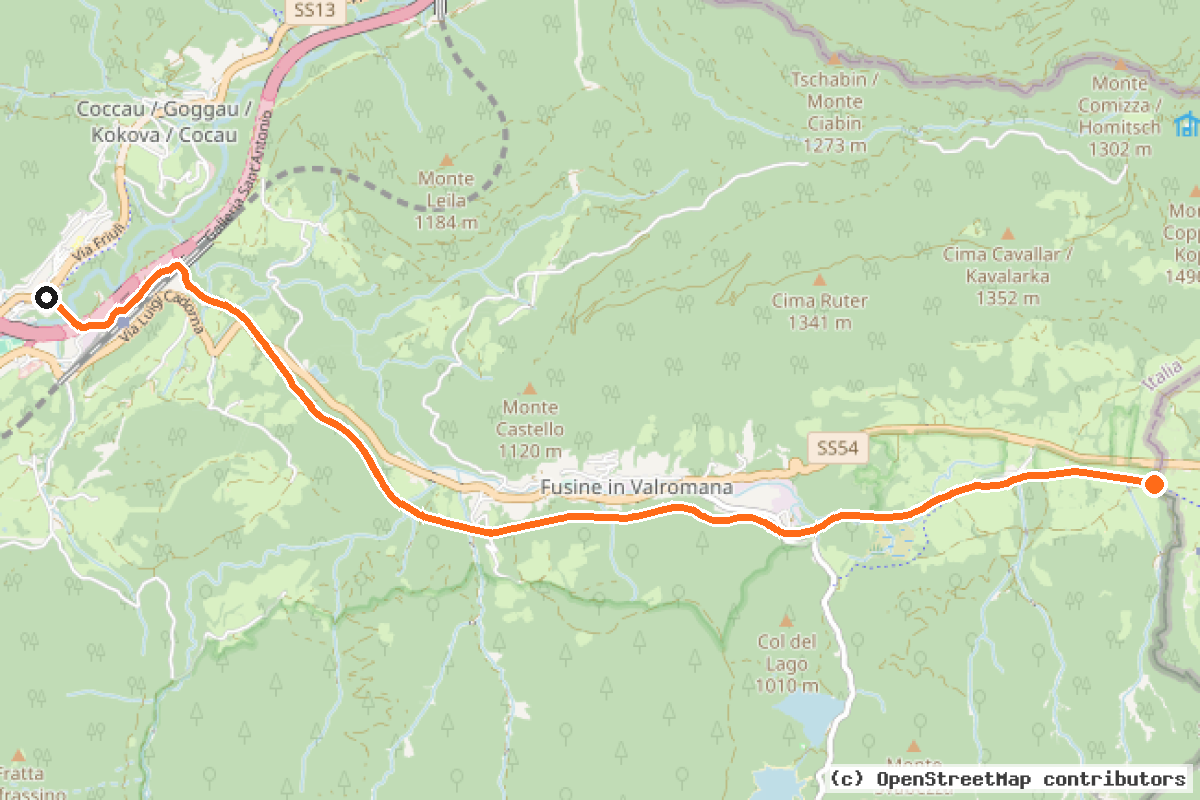 Il tracciato del percorso FVG1a Ciclovia Alpe Adria Diramazione Valico di Fusine