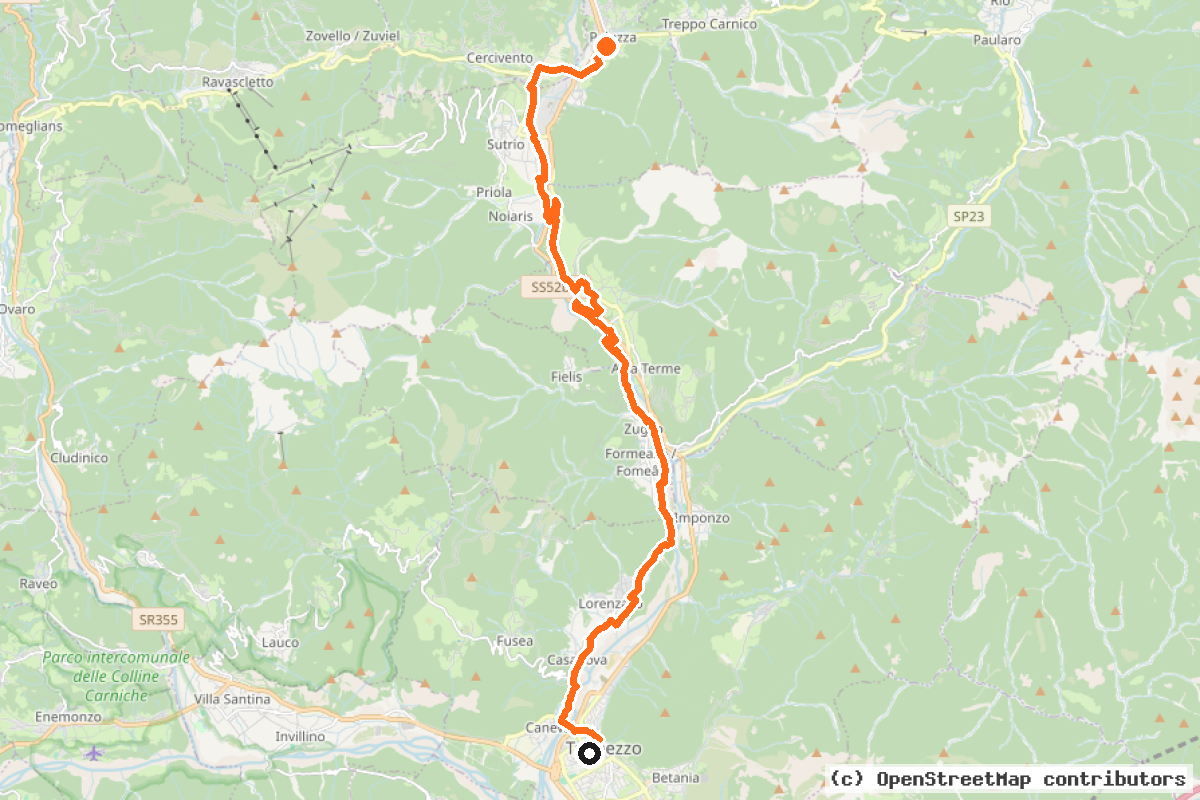 Il tracciato del percorso FVG8 – Ciclovia della Carnia